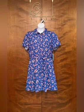 Draper James Short Sleeve Belted Shirt Dress Womens XL Blue & Pink Floral Lined